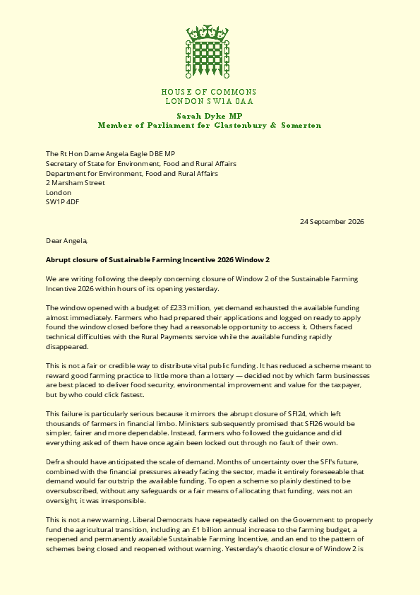 Abrupt closure of Sustainable Farming Incentive 2026 - Joint Letter
