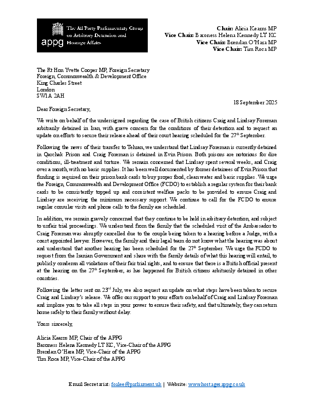 Craig and Lindsay Foreman Sep 25 Joint APPG Letter