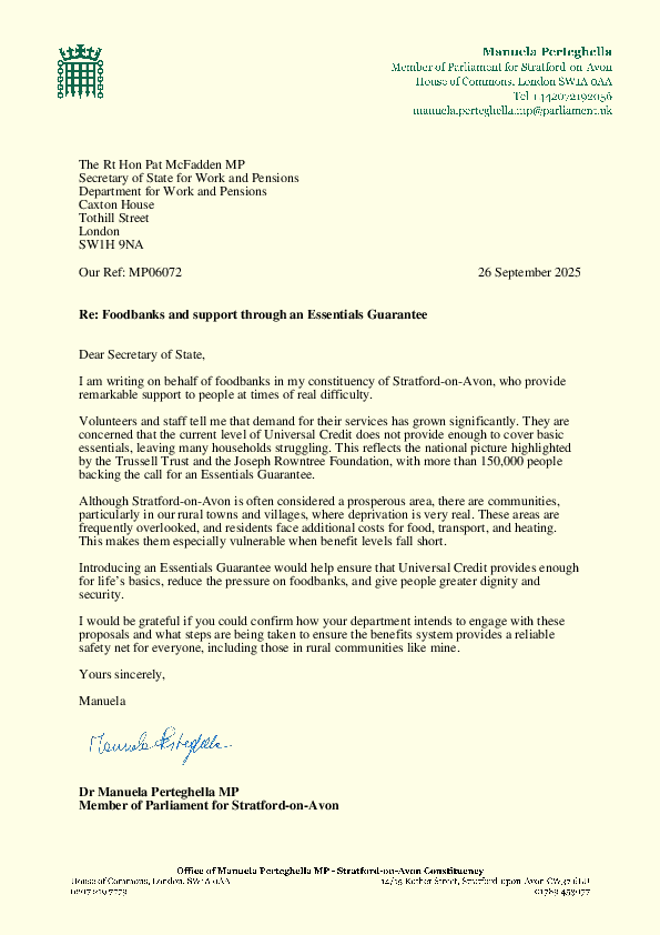 Foodbanks and support through an Essentials Guarantee