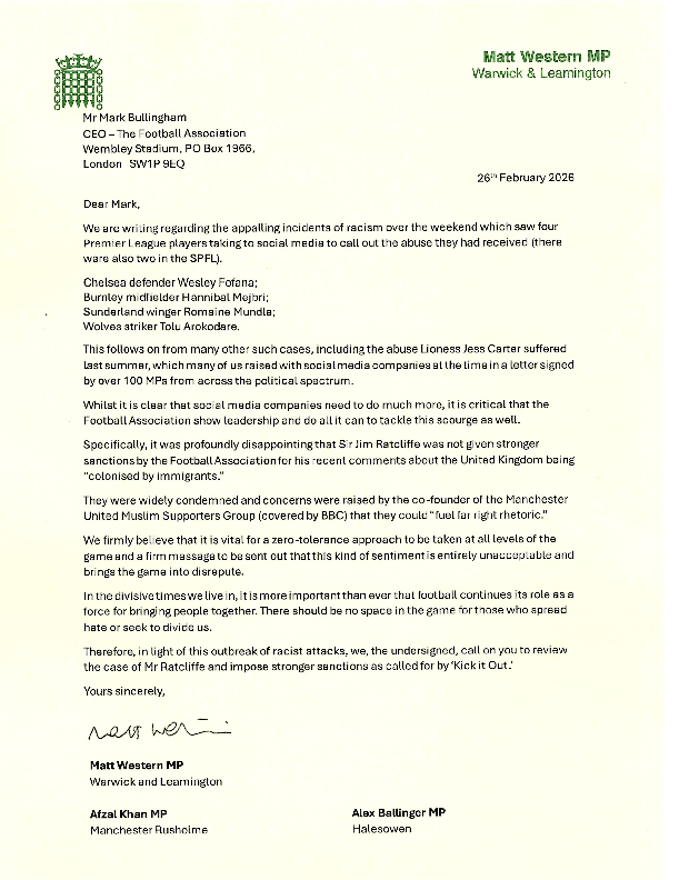 Racism in Football - FA Joint Letter