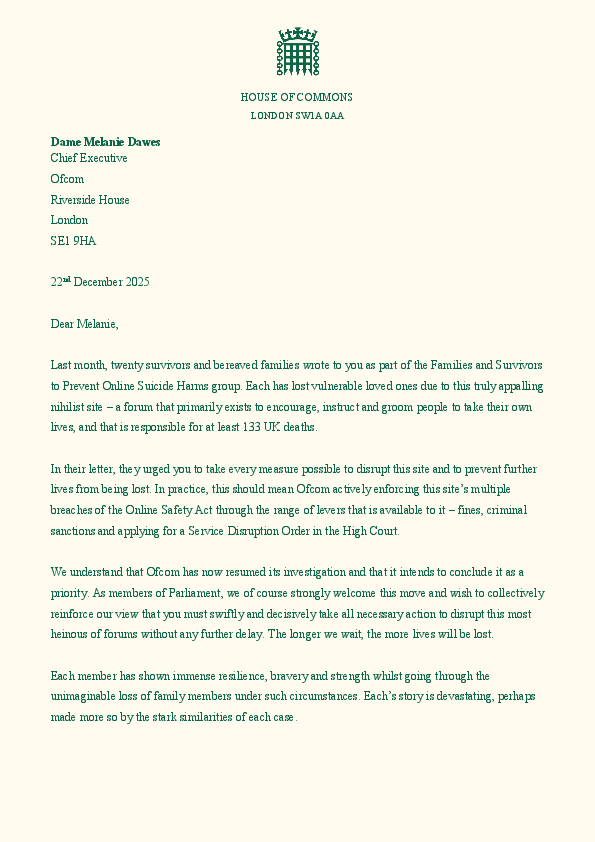 Suicide Forum Ofcom Joint Letter