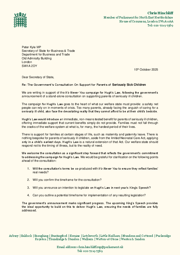 Seriously Sick Children - Joint Letter