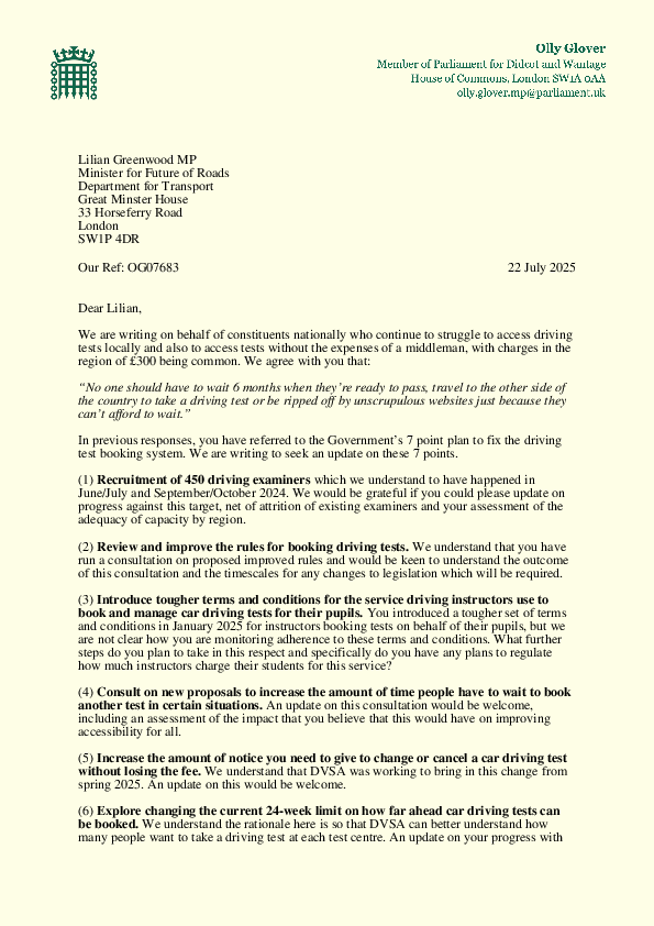 Driving Tests Joint Letter