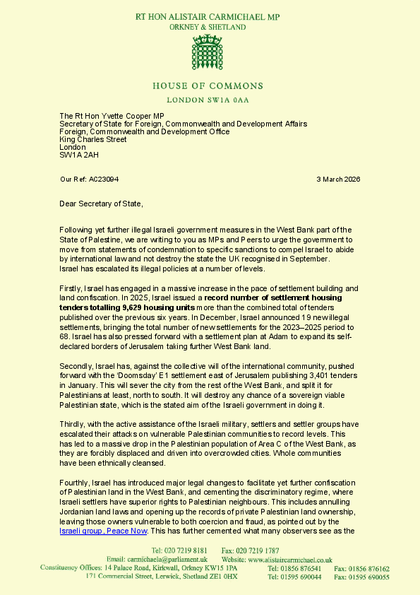 Illegal Israeli Government Measures in the West Bank - Joint Letter