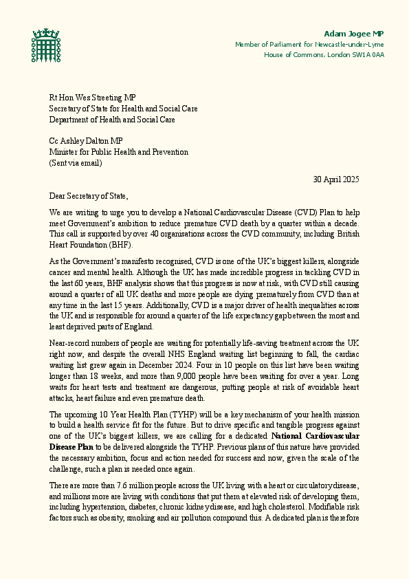 National Cardiovascular Disease Plan Joint Letter