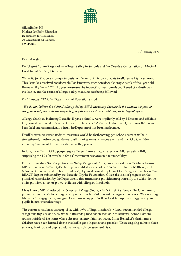 Allergy Safety in Schools - Joint Letter