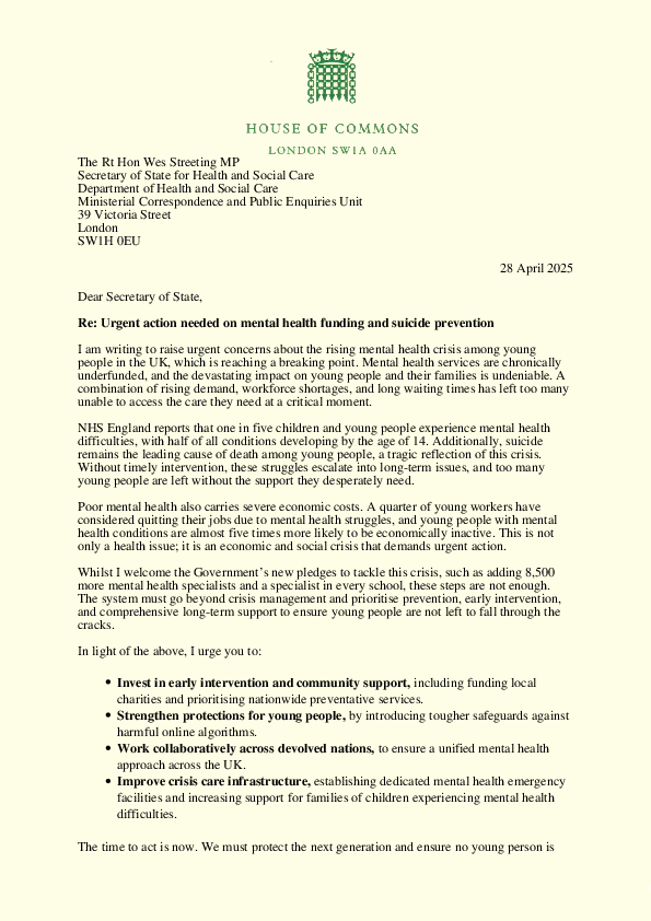 Mental Health and Suicide Prevention Joint Letter