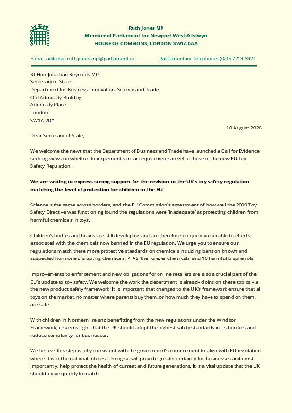 Toy Safety Regulation Joint Letter