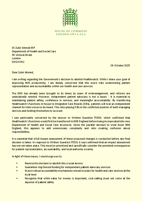 Healthwatch Joint Letter